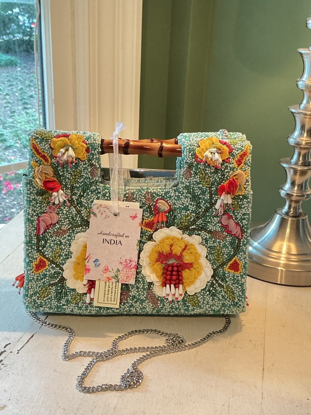 Handcrafted Beaded Floral Purse Bag With Bamboo Handles and Silver Chain